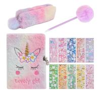 WYRGQIQN Diario secreto para niñas A5 con candado y accesorios - 1 diario peluche unicornio + 1 bolígrafo pompón + 10 pegatinas + 1 estuche - Color lila - Ideal para regalos escolares y cumpleaños