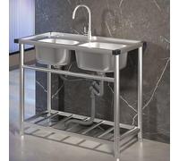 WYRNOBRX Lavabo De Acero Inoxidable con 2 Compartimentos Fregadero De Cocina Y Lavadero con Grifo Y Desagüe Fregaderos Grandes De 31,5 Pulgadas Lavabi Moderno para Exteriores,Plata,L31*H30*W18