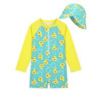 WYTbaby Traje de baño de una pieza para bebé, ropa de protección UV de manga larga para bebé niño con sombrero para el sol, Pato Amarillo, 12-18 meses