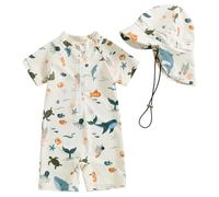 WYTbaby Traje de baño para bebé, ropa UV de una pieza, manga corta, ropa protectora UV para bebé niño con sombrero para el sol, beige, 3-6 meses
