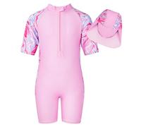WYTbaby Traje de baño para niña de una sola pieza, manga larga, antiUV, estampado de tela de sirena, ropa de baño para niños, calzoncillos tipo bóxer para niñas de 4 a 9 años, Rosa Manga Corta, 7-8