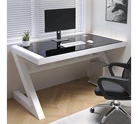 WYWL Escritorio de cristal templado para computadora, diseño moderno, marco de metal en forma de Z, ideal para oficina en casa, estudio y escritorio para juegos