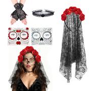 WZBBJuser Diadema del Día de Muertos Halloween Rosas, Velo Floral para Halloween, Disfraz Mexicano del Día de Los Muertos, Accesorios para Disfraces de Halloween (Rojo)