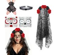 WZBBJuser Diadema del Día de Muertos Halloween Rosas, Velo Floral para Halloween, Disfraz Mexicano del Día de Los Muertos, Accesorios para Disfraces de Halloween (Rojo+negro)
