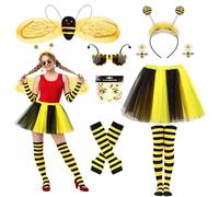 WZBBJuser Disfraz de abeja para adulto, 8 unidades, con alas, falda de tul, diadema, calcetines por encima de la rodilla, guantes, gafas y pendientes, para carnaval, fiestas de cosplay