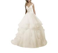 WZEFEIO Elegante Vestido de Novia de Encaje Brillante Vestido de Baile de Playa de Moda de Novia con Falda de Cuello V, Blanco, 44