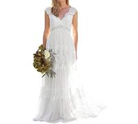 WZEFEIO Elegante Vestido de Novia Simple Encaje Playa Bohemio Moda NEANial, Blanco, 42