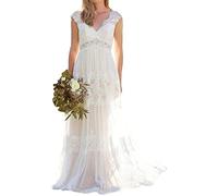 WZEFEIO Elegante Vestido de Novia Simple Encaje Playa Bohemio Moda NEANial, Marfil, 44
