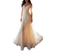 WZEFEIO Vestido de Moda de Novia de Manga Larga de Encaje Vestido de Novia de Playa, Marfil, 44