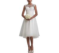 WZEFEIO Vestido de Novia Corto, Vestido de Novia de Encaje de Palabra A, Vestido de Novia Civil Retro, Vestido de Novia de Moda, Blanco, 44