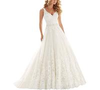 WZEFEIO Vestido de Novia de Cuello V Vestido Largo Civil Vestido de Moda de Vestido de Novia de Tul Retro, Blanco, 40