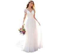WZEFEIO Vestido de Novia Encaje, Chifón, Manga Larga, Cuello V, Sin Espalda, Ajustado, Blanco, Talla 38