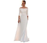 WZEFEIO Vestido de Novia Retro, Vestido de Novia de 3/4 Mangas con Cremallera de Satén sobre Hombros, Blanco, 14