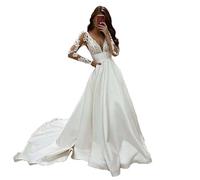 WZEFEIO Vestido de Novia Retro, Vestido de Novia de Encaje Applikes Vestido de Novia de Manga Larga Vestido de Novia Sirena Vestido de Dama de Honor, Blanco, 6