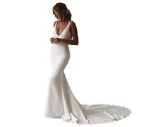WZEFEIO Vestido de Novia, Vestido de Novia de Cuello V de Chifón, Vestido de Novia de Espalda Desnuda, Vestido de Dama de Honor de Sirena, Blanco, 10