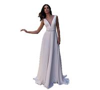 WZEFEIO Vestido de Novia, Vestido de Novia de Doble V de Satén, Vestido de Sirena sin Mangas para la Fiesta de Bodas, Blanco, 16
