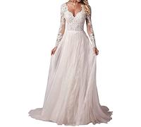 WZEFEIO Vestido de Playa de Manga Larga de Encaje Retro Vestido de Novia Bohemio, Marfil, 44