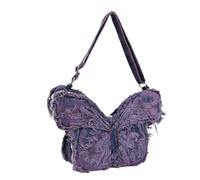 Wzmzjy Bolsa de Tela Bolso Mochila Bandolera Cartera con Mariposa Asimétrica y Confeccionada en Denim y Forro de Lona Capacidad para Móvil y Batería Adecuada, Morado