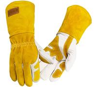 WZQH Profesional Guantes Soldador de Cuero,Refuerzado Palma,Pulgares,Dedo índice,Jardinería,Soldadura,Barbacoa,Ignifugo,Chimenea,Parrilla, Horno, Incendios, Cocina, 36 CM, Guante Amarillo-blanco, L
