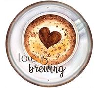WZVZGZ Letrero redondo de estaño de estilo vintage con texto en inglés "Love is Brewing", letrero de café, decoración de metal, decoración de cocina, cafetería, decoración de pared, decoración de