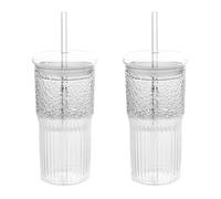 Wzxksoac 2X de Vidrio de 600 Ml, de Café con Leche con Tapa y Pajita, de Agua A Rayas Transparentes, Vasos para Beber, de Té para Jugo