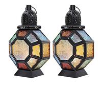 Wzxksoac 2X Linterna de Vela de Hierro Retro, Candelabro de Cristal Manchado Marroquí Portátil Lámpara Colgante Lámpara de Viento de Luz de Caballo, Decoración del Hogar