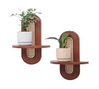 Wzxksoac Juego de 2 Estantes Flotantes de Ratán para Pared, Estilo Bohemio Rústico de Madera, para Colgar en la Pared, con Pequeñas Plantas y Cuadros.