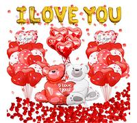Wzxksoac You Globos con Pareja Teddy Balloon Kit de Globos de CorazóN con PéTalos Roja Kit de DecoracióN de Fiesta de Boda de San ValentíN