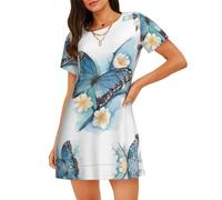 WZYCWB Blue Butterfly On Blossom Flo - Camisón de manga corta para mujer, ajuste holgado, adecuado para dormir y uso relajado, Negro, S