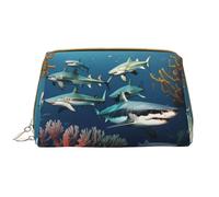 WZYCWB Bolsa de cosméticos de viaje de piel, bolsa de cosméticos portátil de tiburones bajo el mar, bolsa de almacenamiento de cosméticos de gran capacidad con bolsillos,