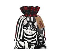 WZYCWB Bolsas de regalo de Navidad con diseño de gatito a rayas blancas y negras para decoración de suministros de fiesta de Navidad, bolsas de regalo de arpillera con cordón de color de 8.3 x 11.8