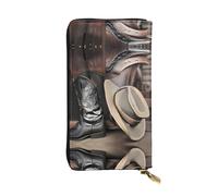 WZYCWB Cartera de cuero, bolsa de mano de 7.5 x 4.1 pulgadas de largo, compartimento con cremallera, gran almacenamiento, buen regalo para amigos, vaquero, sombrero negro, botas occidentales impresas
