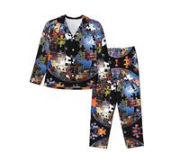 WZYCWB Conjunto de pijama cálido de manga larga con diseño de rompecabezas de bloques de color, ropa de descanso cómoda y cálida para otoño/invierno, Negro, XL-3XL
