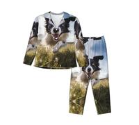 WZYCWB Conjunto de pijama de manga larga con estampado Border Collie para mujer, suave y cálido, ropa de descanso para otoño e invierno, Negro, XL