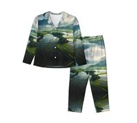 WZYCWB Conjunto de pijama de manga larga con estampado de campos de arroz amplios, ropa de descanso cómoda y cálida para otoño/invierno, Negro, XL