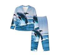 WZYCWB Conjunto de pijama de manga larga con estampado de delfines saltando para mujer, suave y cálido, ropa de descanso para otoño/invierno, Negro, Large