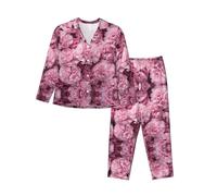 WZYCWB Conjunto de pijama de manga larga con estampado de flores rosas, cómodo y cálido para otoño e invierno, Negro, XXL