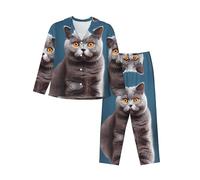WZYCWB Conjunto de pijama de manga larga con estampado de gato de pelo corto para mujer, suave y cálido, ropa de descanso para otoño/invierno, Negro, M
