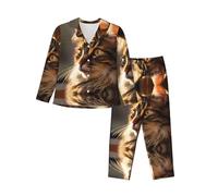 WZYCWB Conjunto de pijama de manga larga con estampado de gato manchado para mujer, suave y cálido, ropa de descanso para otoño/invierno, Negro, XXL