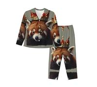 WZYCWB Conjunto de pijama de manga larga con estampado de panda rojo con coronas, ropa de descanso cómoda y cálida para otoño/invierno, Negro, M