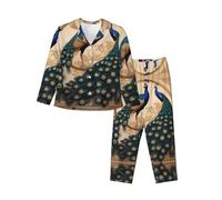 WZYCWB Conjunto de pijama de manga larga con estampado de pavo real Art Déco, cómodo y cálido, ropa de descanso para otoño e invierno, Negro, M
