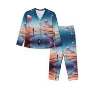 WZYCWB Conjunto de pijama de manga larga con estampado de planeta desierto para mujer, suave y cálido, ropa de descanso para otoño/invierno, Negro, M