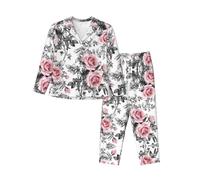 WZYCWB Conjunto de pijama de manga larga con estampado floral de rosas de acuarela blanca, ropa de descanso cómoda y cálida para otoño/invierno, Negro, M-3XL