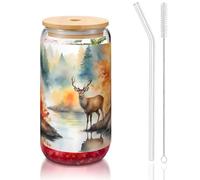 WZYCWB Deer by the river - Taza de vidrio con tapa de bambú de 16 onzas, tazas de café helado, tazas de té helado, tazas de cerveza, ideales para accesorios de cafetería, regalos estéticos