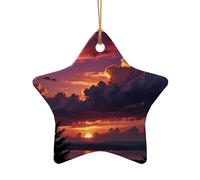 WZYCWB Este árbol de Navidad de cerámica en forma de estrella con diseño de puesta de sol de cielo morado impreso con un patrón es perfecto para fiestas de Navidad de invierno y decoración del hogar.