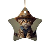 WZYCWB Este gatito de árbol de Navidad de cerámica con forma de estrella que lleva un sombrero impreso con un patrón es perfecto para fiestas de Navidad de invierno y decoración del hogar.