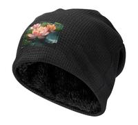 WZYCWB Gorra de esquí cálida negra con estampado de flores de loto rosa, capucha de buffet con forro polar grueso, gorra de punto elástica, Negro, Taille unique