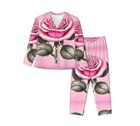 WZYCWB Hermoso conjunto de pijama de manga larga con estampado de rosas rosas, cómodo y cálido para otoño/invierno, Negro, M