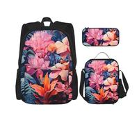 WZYCWB Juego de 3 mochilas coloridas con hojas de plantas tropicales (3 piezas), mochila escolar + estuche + bolsa de almuerzo, satisface todas las necesidades diarias de los estudiantes, negro, talla