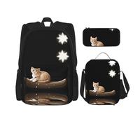 WZYCWB Juego de mochila con diseño de gatito mirando las estrellas (juego de 3 piezas), mochila escolar para estudiantes + estuche + bolsa de almuerzo, mochila de gran capacidad